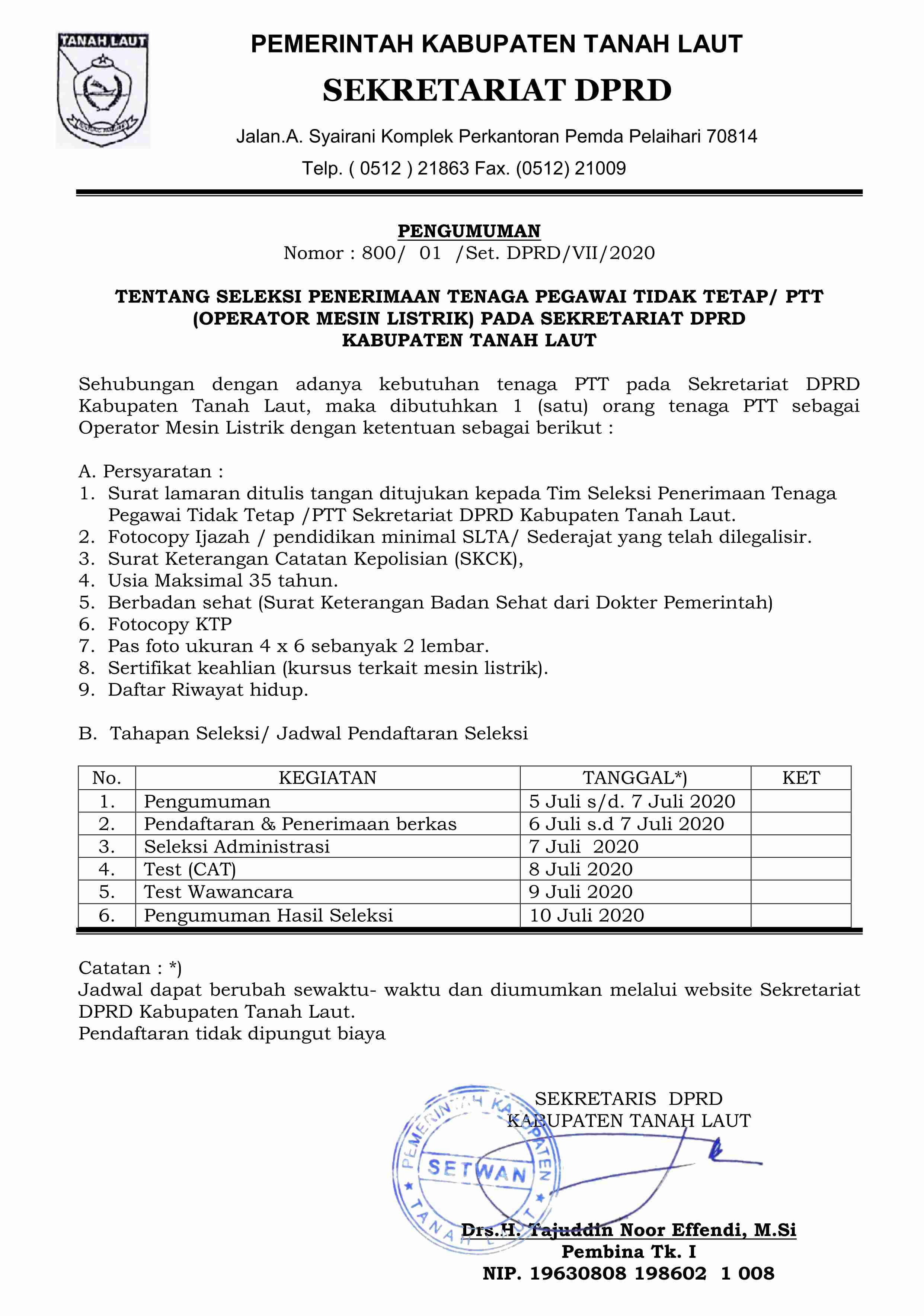 Penerimaan Tenaga Pegawai Tidak Tetap/ PTT (Operator Mesin Listrik) Pada Sekretariat DPRD Kabupaten 