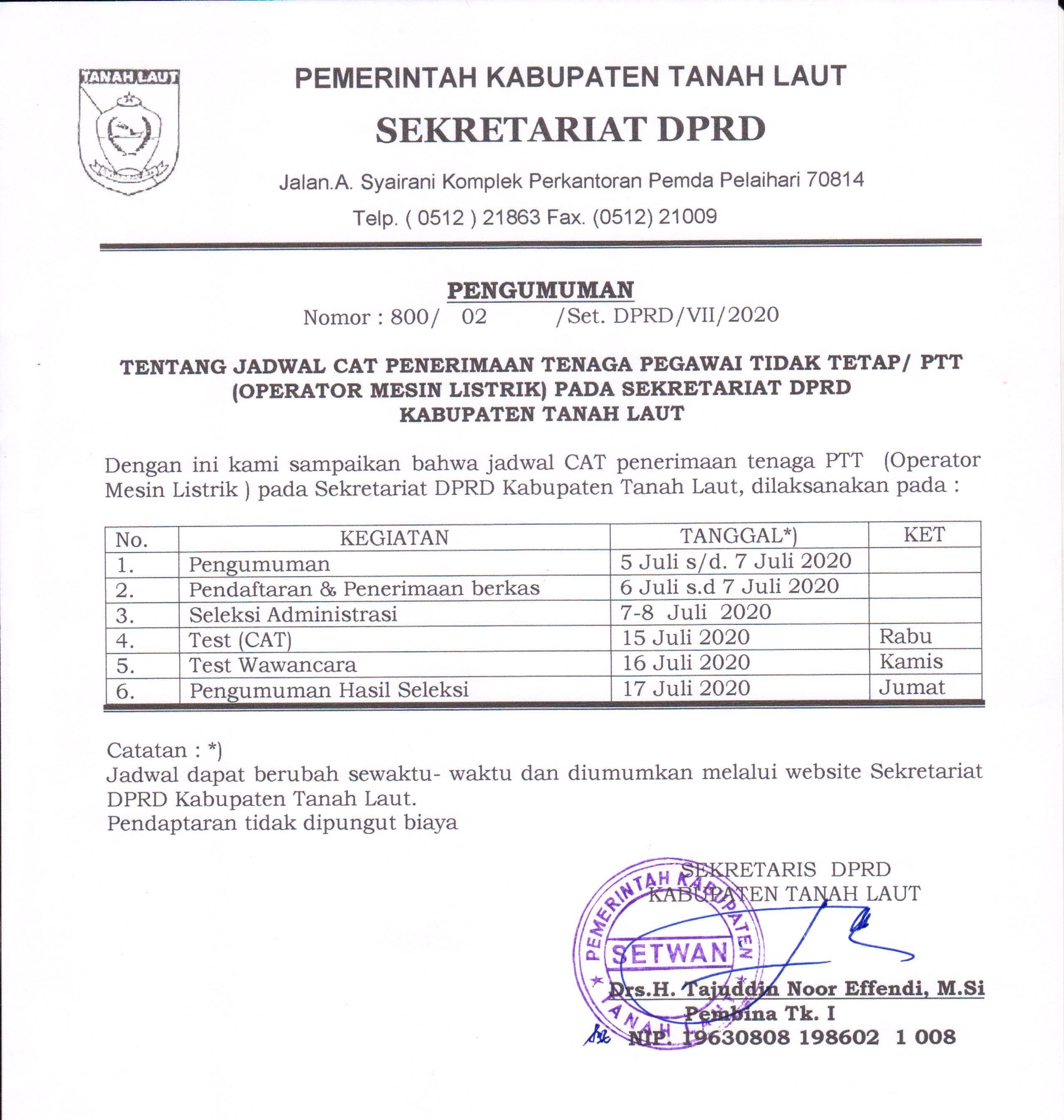 Pengumuman Jadwal CAT Tenaga Pegawai Tidak Tetap/ PTT (Operator Mesin Listrik) Pada Sekretariat DPRD
